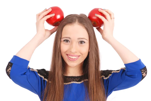 Meisje houdt op hoofd een appel — Stockfoto