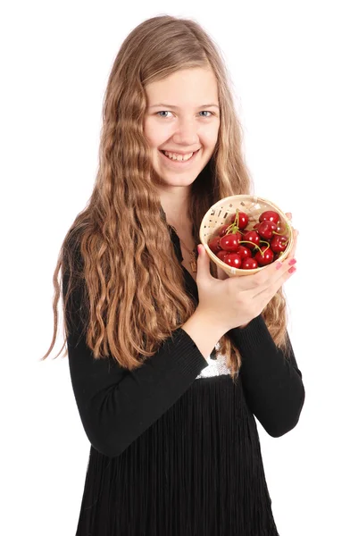 Menina segurando cerejas frescas — Fotografia de Stock