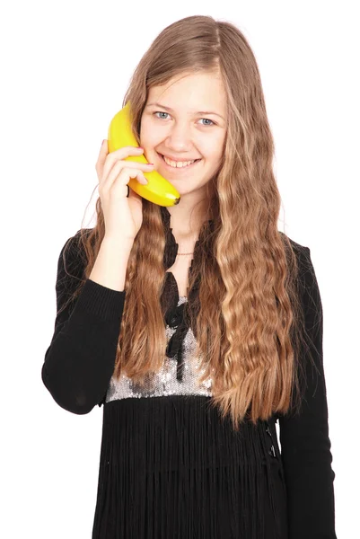 Menina segurando banana fresca — Fotografia de Stock