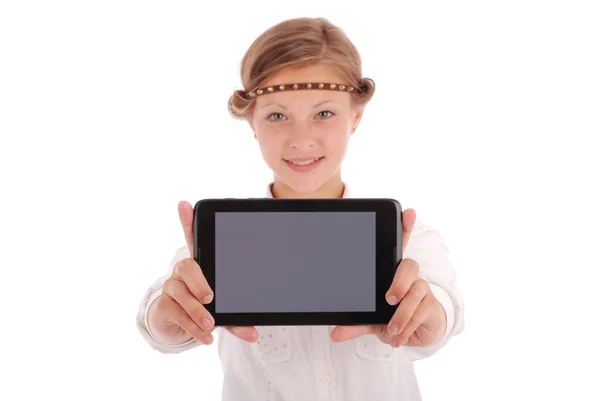 Kız gösteren tablet Pc — Stok fotoğraf