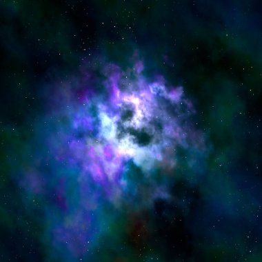 Kozmik manzara, genç yıldızlarla parıldayan muhteşem bir nebula. Grunge filtresi. Parmak izi, tekstil, ambalaj, duvar kağıdı, web sitesi için şablon. Yüksek çözünürlüklü fotoğraf filtresi.