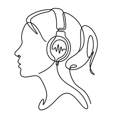 Kulaklık takan at kuyruklu bir kadın profili ve müzik ya da podcast 'i temsil eden bir ses dalgası çizimi..