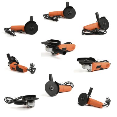 Beyaz arka planda izole edilmiş aşındırıcı diske sahip dokuz güçlü açı öğütücü. Beyaz arkaplanda açı öğütücüleri.