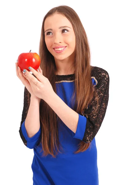 Teen flicka anläggning rött äpple — Stockfoto