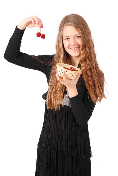 Menina segurando cerejas frescas — Fotografia de Stock