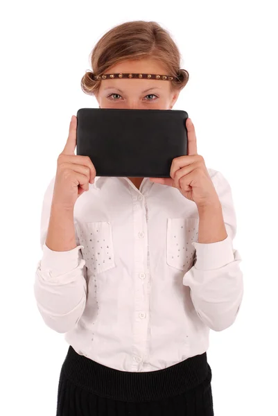 여자 반 태블릿 pc 얼굴을 닫습니다. — 스톡 사진