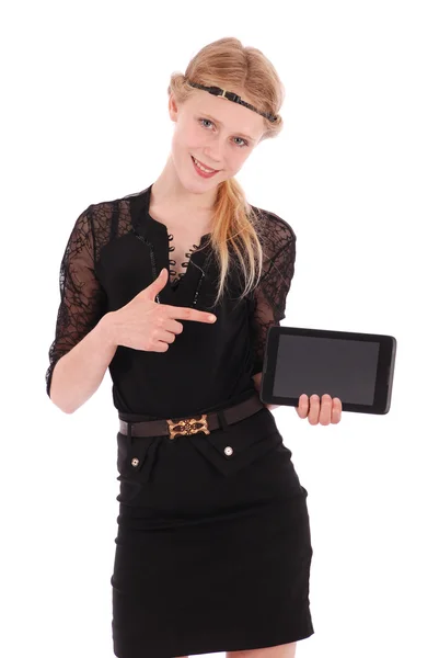 Mädchen zeigt Finger auf Tablet-PC — Stockfoto