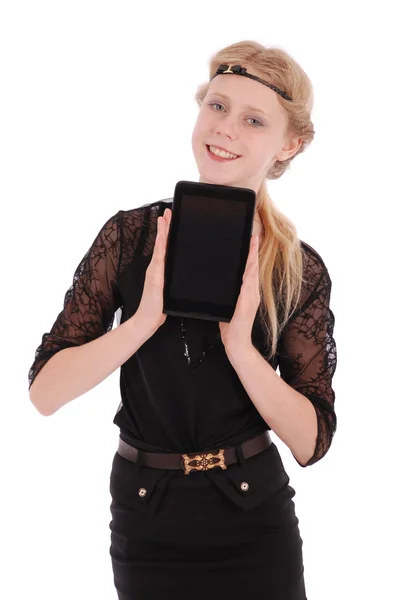 Kız gösteren tablet Pc — Stok fotoğraf