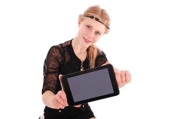 Menina mostrando tablet pc — Fotografia de Stock