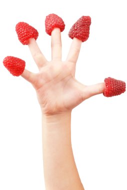 Raspberry on fingers of a little girl clipart