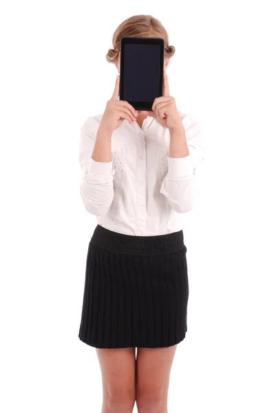 Girl keeps tablet pc the face — Stock Photo, Image