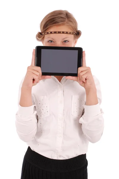 Girl closes half tablet pc face — Stock Photo, Image