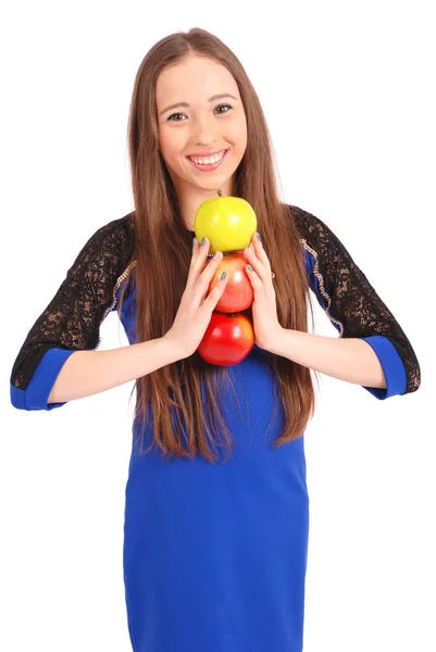 Unga leende brunett tjej innehar tre äpplen — Stockfoto