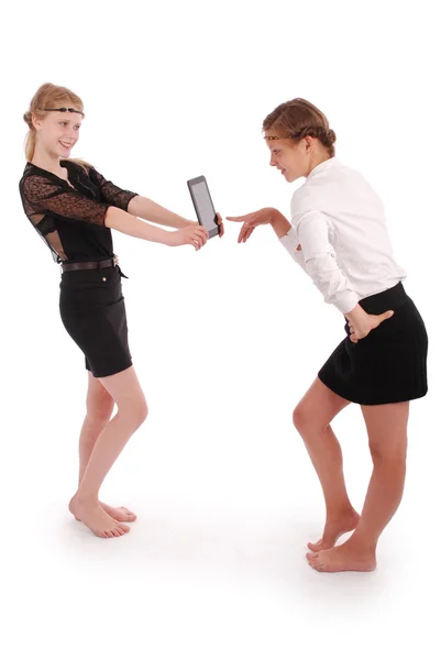 Menina segurando o tablet Pcs e o outro nazhymaye de menina- — Fotografia de Stock