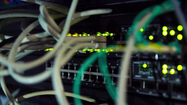 背面的现代数据服务器使用电缆和闪烁的 Led 的灯光 — 图库视频影像