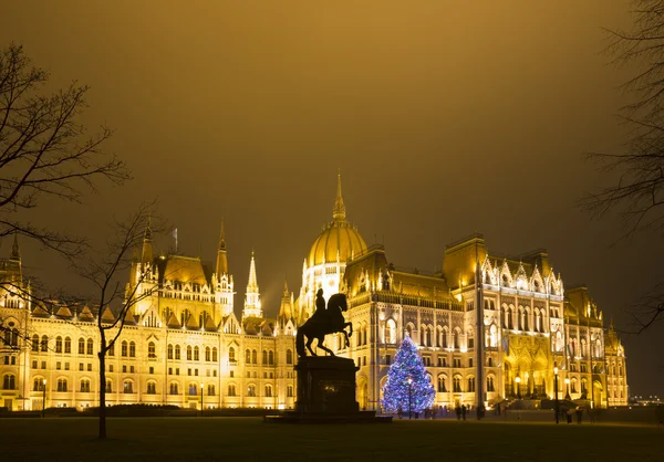 議会の建物、ラヨシュ Squa オフ前のクリスマス ツリー — ストック写真