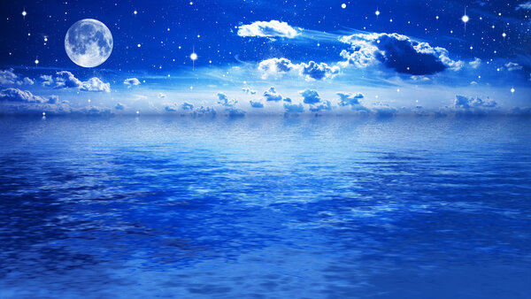 Moon on a background star sky reflected in the sea. Elements of this image furnished by NASA