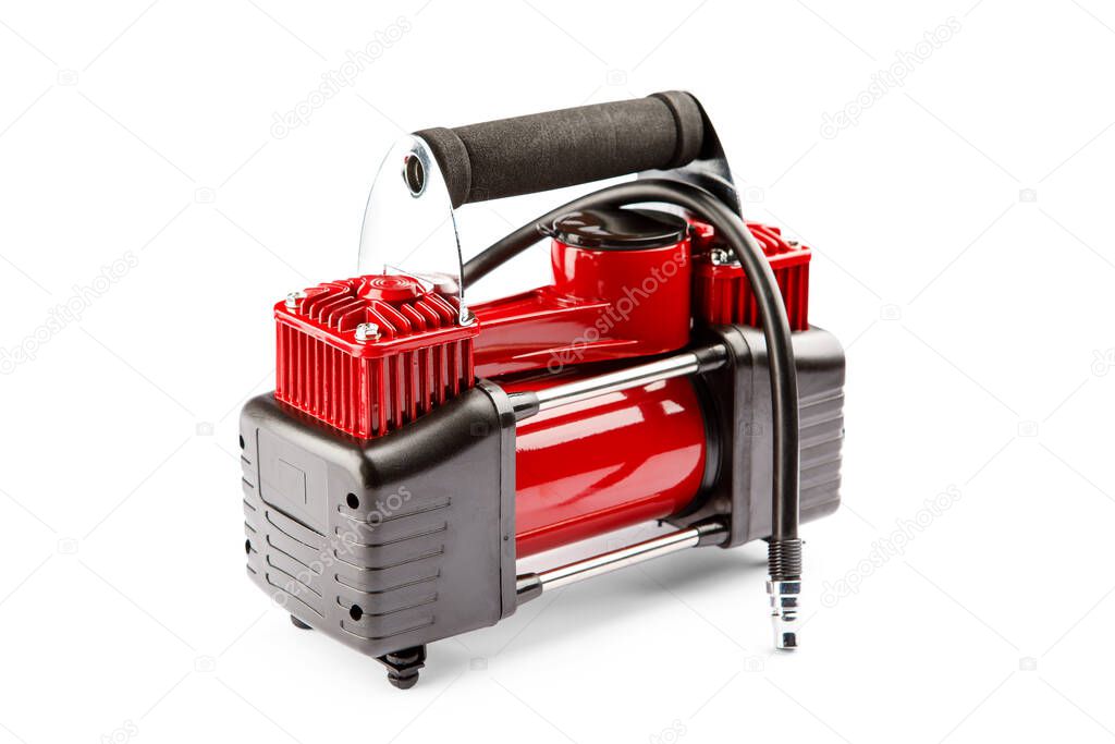 car compressor isolated on white background. Electric pump inflates a car wheel