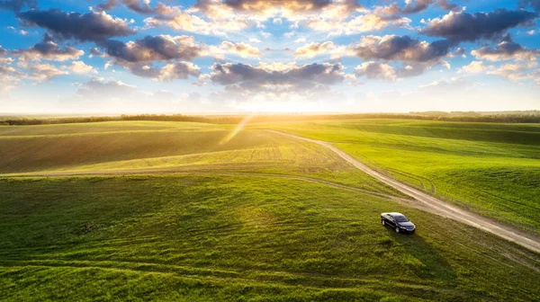 Green Field Sunset Shot Drone — Stock Photo, Image