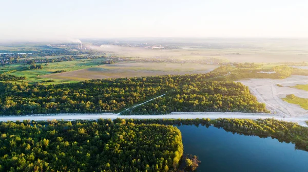 Drönare Med Kamera Vacker Sommar Liten Flod Från Höjd — Stockfoto