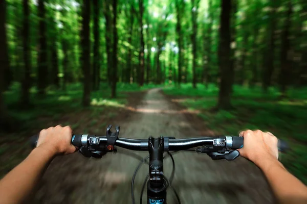 Montanha Bicicleta Descendo Colina Descendo Rápido Bicicleta Vista Olhos Motociclistas — Fotografia de Stock