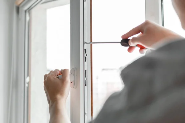 Worker Installing Checking Window House — Stock Photo, Image