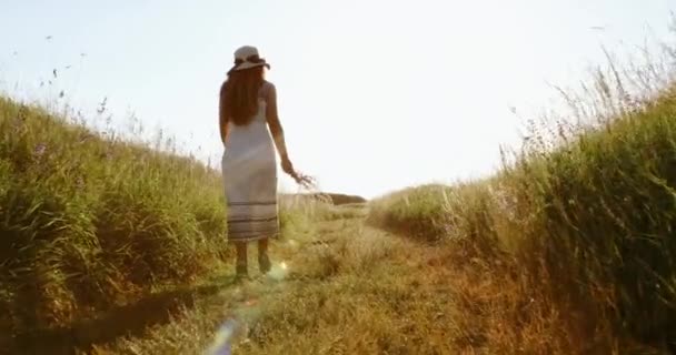 Lykkelig kvinne som går på sommermarkene. – stockvideo