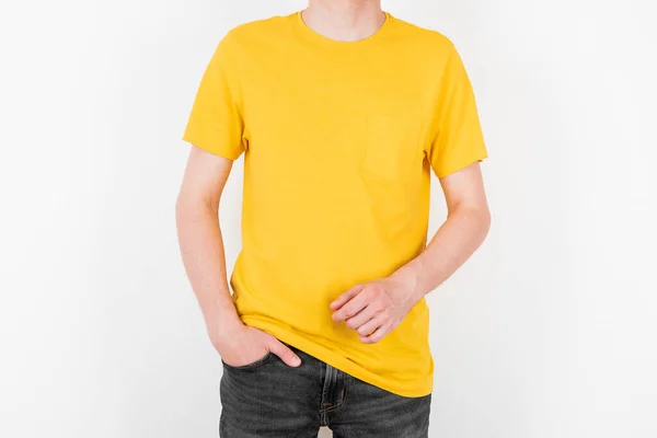 Man Yellow Shirt Space Your Logo Design Mockup Prin — Stock Photo, Image