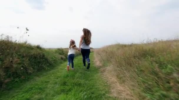 Мати і дитина бігають тримаючи руки на траві — стокове відео