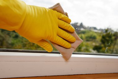 Evdeki pencereleri temizleyen güzel bir kadın. ev kavramı