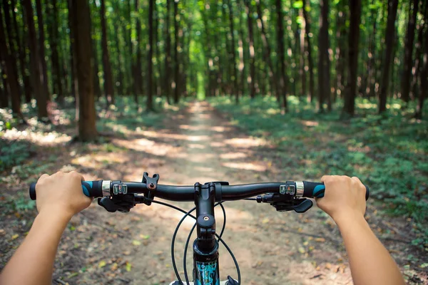 Dağ bisikleti hızlı bisiklet üzerinde azalan tepeden aşağı. Üzerinden görüntülemek — Stok fotoğraf