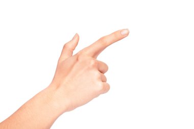 Kadının el düğmesine beyaz arka plan üzerinde