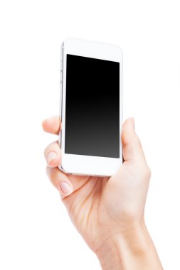 Hand holding White Smartphone with blank screen on white backgro clipart