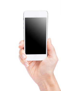 Boş ekranda beyaz backgro ile beyaz Smartphone tutan el