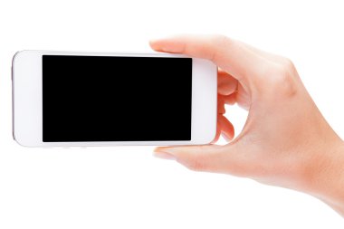 Boş ekranda beyaz backgro ile beyaz Smartphone tutan el