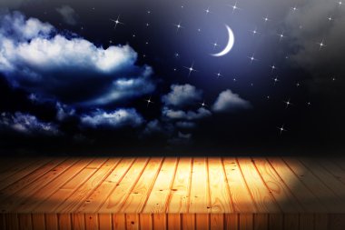 arka planlar gece gökyüzünde yıldızlar ve ay ve bulutlar. ahşap