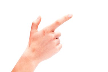 Kadının el düğmesine beyaz arka plan üzerinde