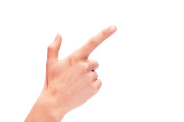 Kadının el düğmesine beyaz arka plan üzerinde