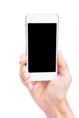Boş ekranda beyaz backgro ile beyaz Smartphone tutan el
