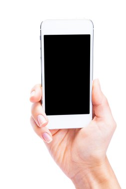 Boş ekranda beyaz backgro ile beyaz Smartphone tutan el