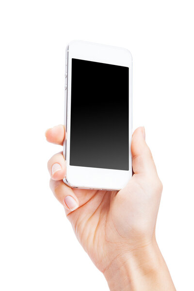 Hand holding White Smartphone with blank screen on white backgro