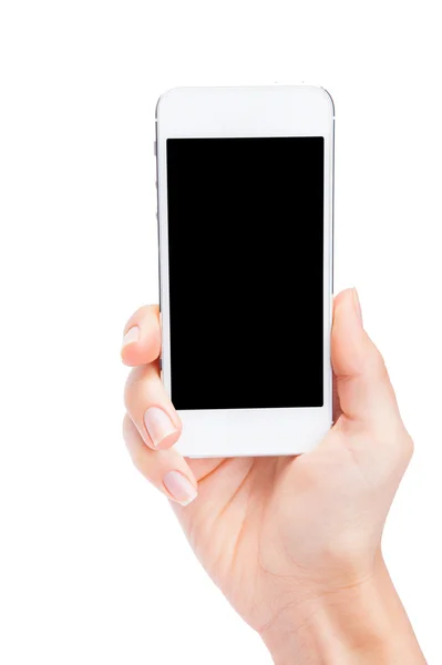 Hand som håller White Smartphone med blank skärm på vit backgro — Stockfoto