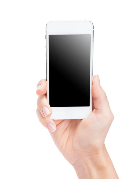 Mão segurando Smartphone branco com tela em branco no backgro branco — Fotografia de Stock