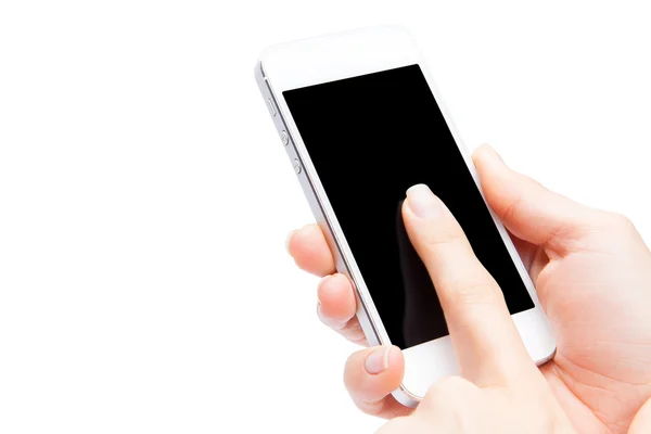 Hand met wit Smartphone met leeg scherm op witte backgro — Stockfoto
