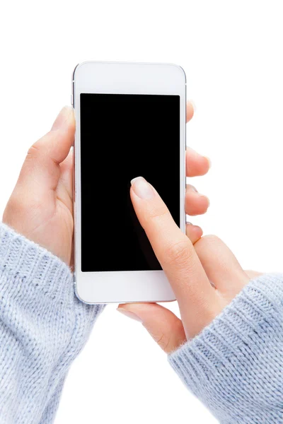 Mano sosteniendo Smartphone Blanco con pantalla en blanco en backgro blanco — Foto de Stock