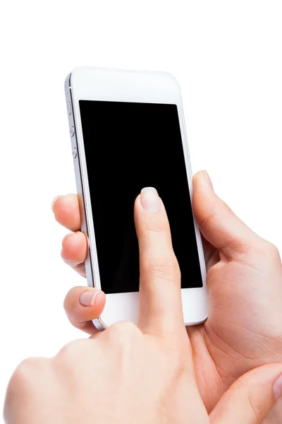 Mano sosteniendo Smartphone Blanco con pantalla en blanco en backgro blanco — Foto de Stock