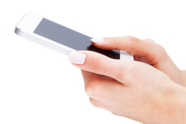 Boş ekranda beyaz backgro ile beyaz Smartphone tutan el