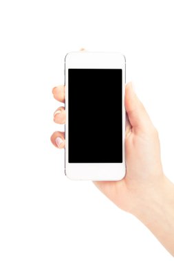 Boş ekranda beyaz backgro ile beyaz Smartphone tutan el