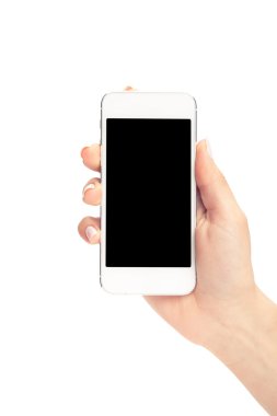 Boş ekranda beyaz backgro ile beyaz Smartphone tutan el