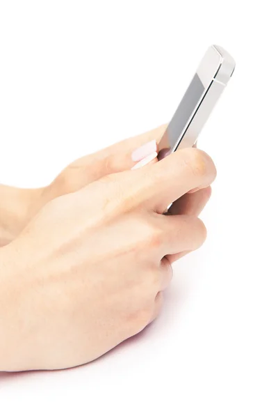 Ręka trzyma biały Smartphone z pustego ekranu na biały backgro — Zdjęcie stockowe